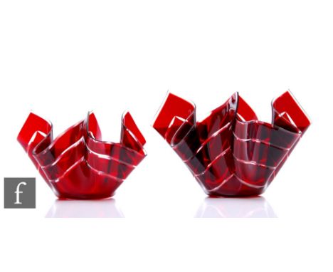 Chance Glass - A post war handkerchief in ruby and clear with horizontal stripes, height 17cm, together with a smaller exampl