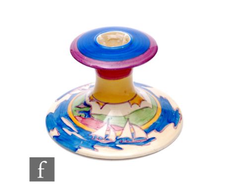 Clarice Cliff - Gibraltar - A shape 310 candlestick circa 1932, hand painted with three sailing boats before a coastal landsc
