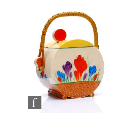 Clarice Cliff - Crocus - A Bon Jour shape biscuit barrel circa 1933, hand painted with Crocus sprays with yellow, green and s