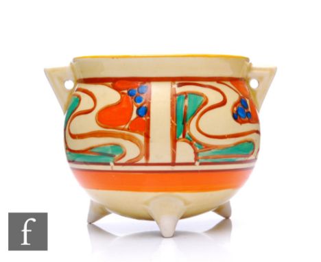 Clarice Cliff - Orange Sunrise - A small cauldron circa 1929, hand painted with panels of pebble and sunburst motifs with a w