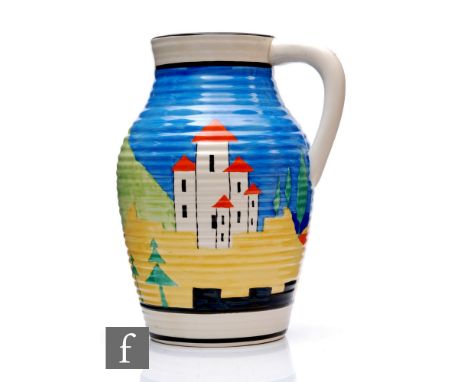 Clarice Cliff - Applique Lucerne - A single handled Lotus Jug circa 1930, hand painted with a stylised landscape with castle 