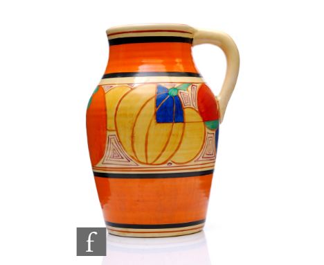 Clarice Cliff - Melon - A single handled Lotus jug circa 1930, hand painted with a band of stylised fruit between black and o