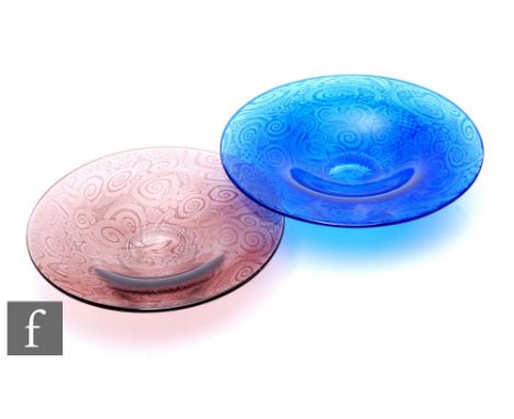 Jonathon Harris - Ironbridge - A contemporary studio cased glass pedestal bowl, of shallow dished form, blue patterned tapest