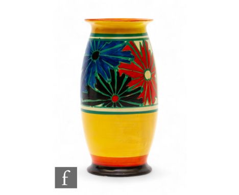 Clarice Cliff - Umbrellas - A shape 264 vase circa 1930, hand painted with panels of star burst motifs in red, blue and black