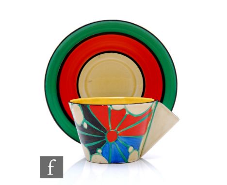 Clarice Cliff - Broth - A Conical shape tea cup and saucer circa 1929, hand painted with abstract star burst motifs in red, b