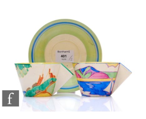 Clarice Cliff - Gibraltar - A Conical shape tea cup and matched saucer circa 1932, hand painted with three sailing boats to a
