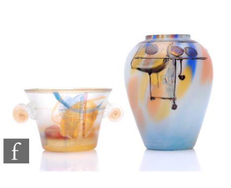 Ion Tamaian - Ion Art - A 1970s-1980s Romanian art glass vase of ovoid form, internally decorated with amber and blue to the 