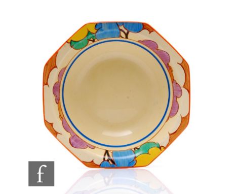 Clarice Cliff - Blue Autumn - A large octagonal fruit bowl circa 1930, hand painted to the rim with a stylised tree and cotta