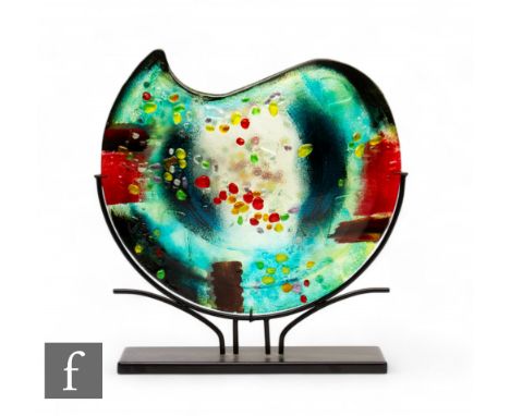 Gilde - A contemporary glass vase of circular form, the slender body decorated with applied glass in polychrome colours again