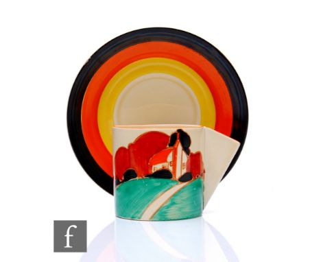 Clarice Cliff - Farmhouse - A very large Conical coffee cup and saucer circa 1931, the body hand painted with a stylised cott