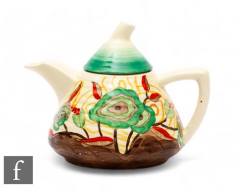 Clarice Cliff - Cabbage Flower - A Lynton shape teapot circa 1934,&nbsp;hand painted with stylised flowers and foliage with g