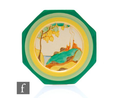 Clarice Cliff - Secrets - An octagonal plate circa 1932, hand painted to the central well with a coastal tree and cottage lan