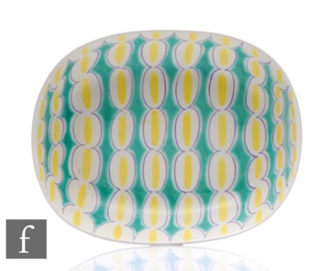 Poole Pottery - A 1950s Freefrom 340 bowl, oval form, painted with stacked elliptical bands reserving yellow stripe, over jad