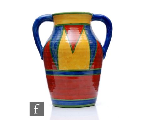 Clarice Cliff - Original Bizarre - A double handled Lotus jug circa 1928, hand painted with repeat panels of triangles in rus
