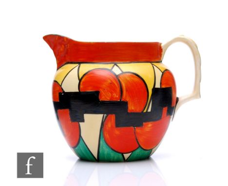 Clarice Cliff - Castellated Circle - A Perth shape jug circa 1929, hand painted with a stepped line over semi-circles in yell