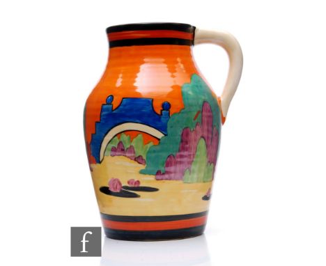 Clarice Cliff - Applique Avignon (Orange) - A single handled Lotus jug circa 1930, hand painted with a stylised bridge over a