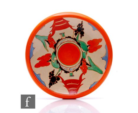 Clarice Cliff - Kew - A Hiawatha bowl circa 1932, radially hand painted with a double image of a pagoda and trees to a landsc
