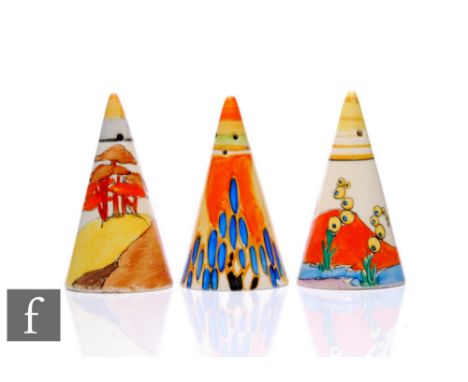 Clarice Cliff - Coral Firs, Bridgewater Orange, Windbells - Three Conical shape cruet pots, each hand painted with a stylised
