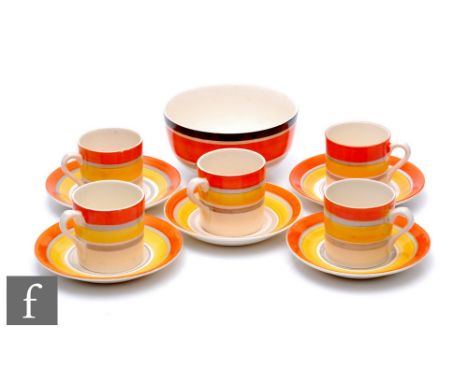 Grays Pottery - Five coffee cans and saucers, orange, yellow and grey banded decoration, comprising printed 1921 - 28 mark, p