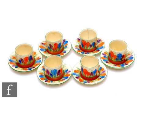Clarice Cliff - Crocus - A set of six Tankard shape coffee cans and saucers circa 1929, all hand painted with Crocus sprays w