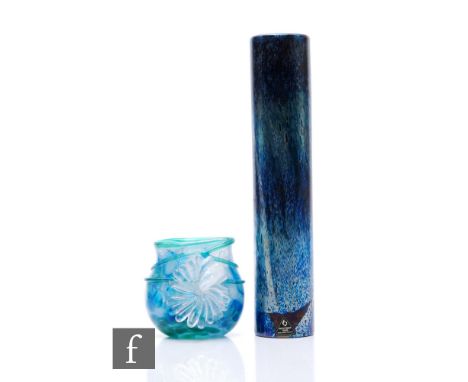 Isle of Wight Studio Glass - An experimental iridescent vase, circa 1987, of slender cylindrical form, with original label an