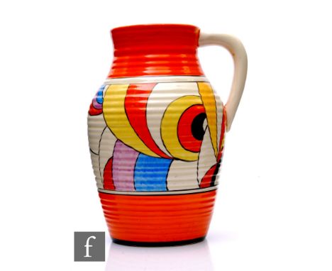 Clarice Cliff - Swirls - A single handled Lotus jug circa 1930, hand painted with a deep band of abstract crescent shapes in 