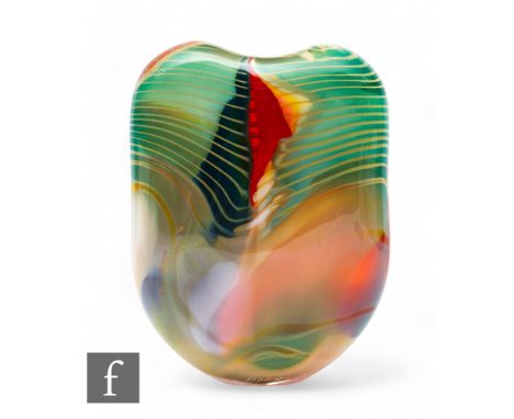 Peter Layton - A contemporary studio glass vase in the Paradiso pattern, of compressed ovoid form, decorated with tonal green