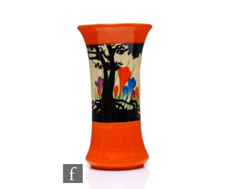 Clarice Cliff - Peter Pan or Awakening Crocus - A large shape 205 vase circa 1930, hand painted with Crocus flowers between o