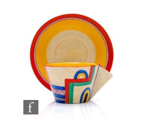 Clarice Cliff - Tennis - A Conical shape tea cup and saucer circa 1930, hand painted with an abstract line design with net mo