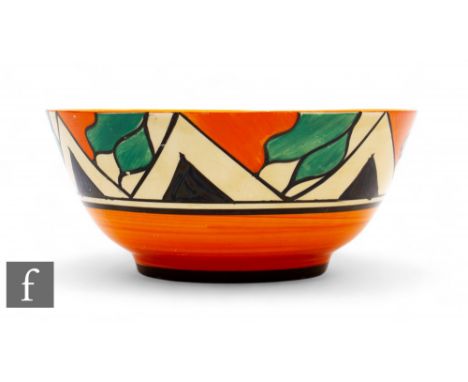 Clarice Cliff - Double V - A Havre shape fruit bowl circa 1930, hand painted with a double chevron and stylised leaf motifs w