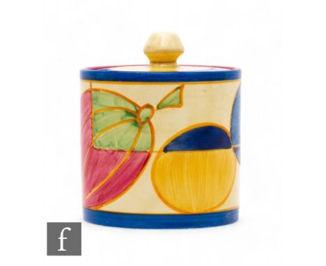 Clarice Cliff - Pastel Melon - A size 3 Drum shaped preserve pot and cover circa 1930, hand painted with abstract fruit in pa