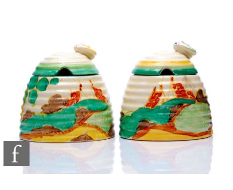 Clarice Cliff - Secrets - A large beehive honey pot circa 1933, hand painted with a stylised tree and cottage coastal landsca