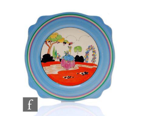 Clarice Cliff - Applique Idyll - A large Leda shape plate circa 1931, hand painted with a Crinoline lady to a garden setting 