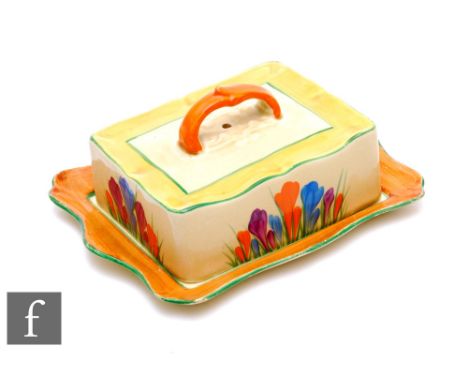 Clarice Cliff - Crocus - A covered butter dish circa 1929, hand painted with crocus sprays with brown, green and yellow bandi