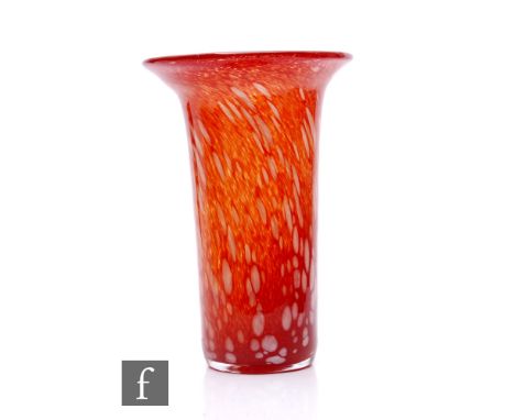 Unattributed maker - A contemporary studio glass vase of sleeve form with flared rim, the mottled ruby body with opal spottin