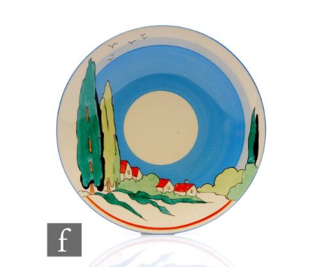 Clarice Cliff - Clovelly - A circular dish form plate circa 1938, hand painted with a Mediterranean coastal landscape with re