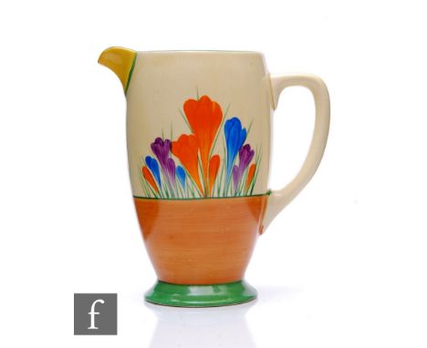 Clarice Cliff - Crocus - A Coronet shape jug circa 1929, hand painted with crocus sprays with green, yellow and brown banding