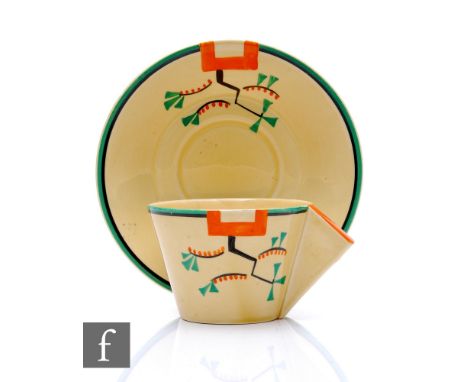Clarice Cliff - Ravel - A large Conical cup and saucer circa 1931, hand painted with an abstract spray to the shoulder with o