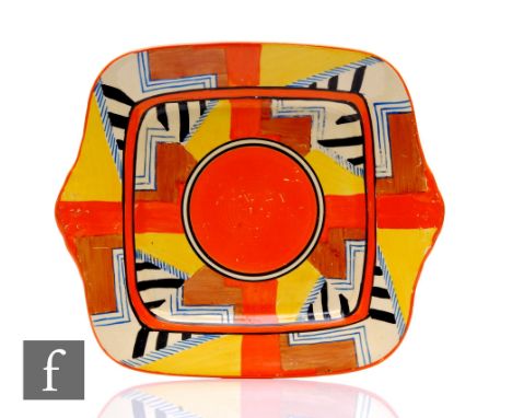 Clarice Cliff - Line Jazz - A large twin handled plate of rounded square section circa 1931, hand painted with a double band 