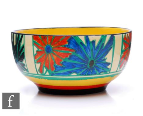 Clarice Cliff - Umbrellas - A small Holborn shape fruit bowl circa 1930, hand painted with panels of star burst motifs in bla