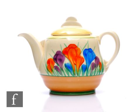 Clarice Cliff - Crocus - A Georgian shape teapot and cover circa 1950, hand painted with large Crocus sprays between yellow, 