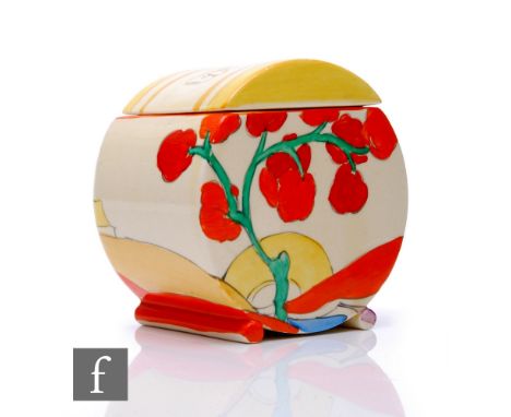 Clarice Cliff - Bridgewater - A Bon Jour shape preserve pot and cover circa 1933, hand painted with a stylised tree, cottage 