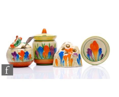 Clarice Cliff - Crocus - A small group of Crocus decorated wares to include a flared rim drum preserve, a small apple preserv