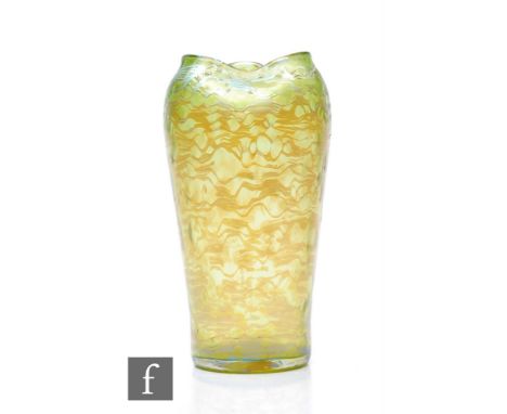 Loetz - An Art Nouveau vase of shouldered form with inverted crimped rim, iridescent green with textured silvered overlay, he