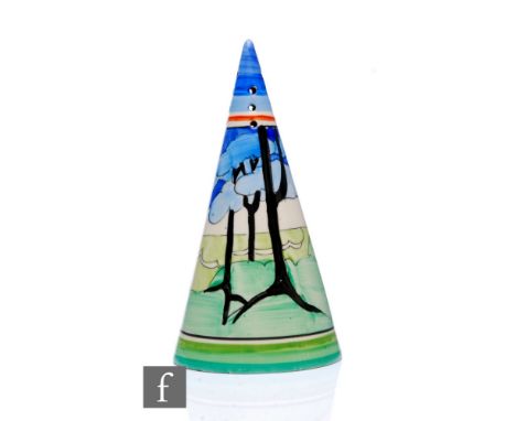 Clarice Cliff - Blue Firs - A Conical sugar sifter circa 1933, hand painted with a stylised tree and coastal landscape in ton