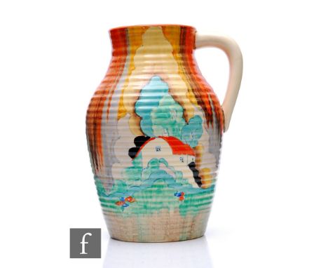 Clarice Cliff - Forest Glen - A single handled Lotus jug circa 1935, hand painted with a stylised tree and cottage landscape 