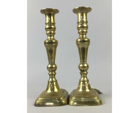 PAIR OF BRASS CANDLESTICKS,25cm high, along with other metal ware including a small brass casket, a brass snotneus lamp, a ph