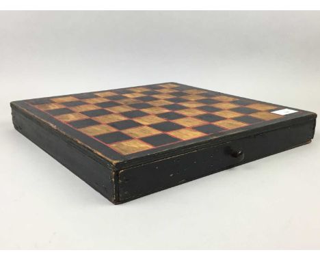 TURNED WOOD CHESS SET WITH GAMES BOARD,34.5cm wide