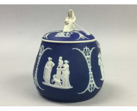 WEDGWOOD BLUE JASPER WARE LIDDED JAR,with Sibyl finial to cover, 15cm high, along with other blue jasper ware comprising a ro