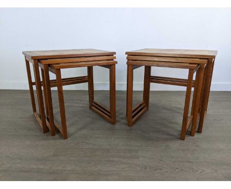 PAIR OF TEAK TILE TOPPED NESTS OF TABLES,54cm wide (2)